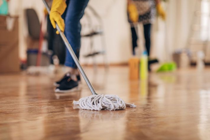 A person is mopping a wooden floor with a mop A person is mopping a wooden floor with a mop.