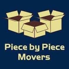 A logo for Piece by Piece Movers with three boxes on a blue background