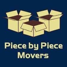 A logo for Piece by Piece Movers with three boxes on a blue background