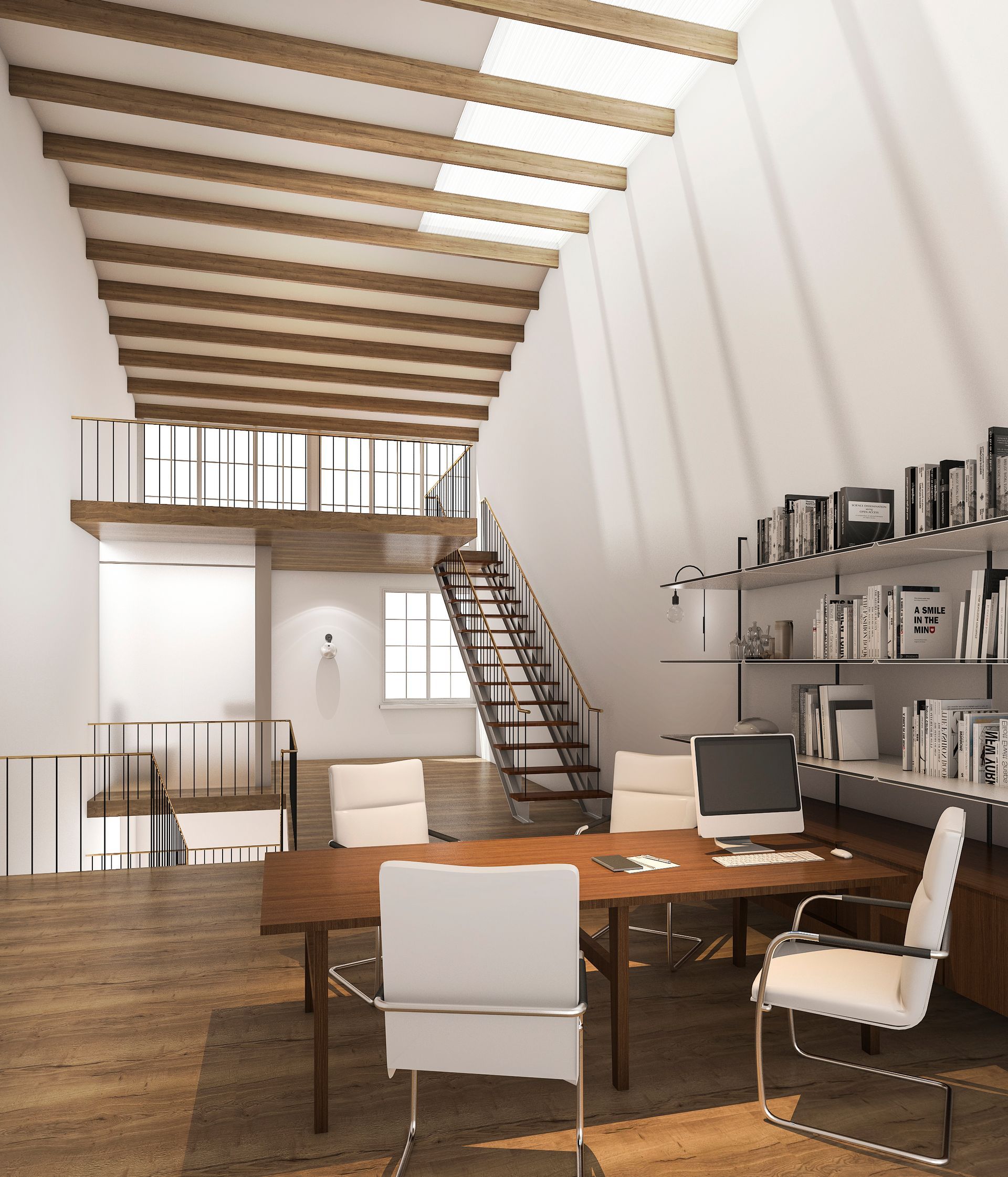 Modern office with high ceilings, wooden beams, a mezzanine, and a large wooden desk.
