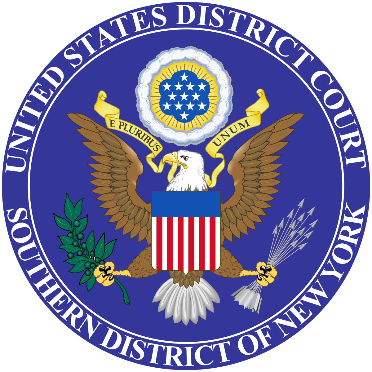 Seal of the United States District Court, Southern District of New York: an eagle with shield, holding arrows and olive branch, blue and gold circular border.