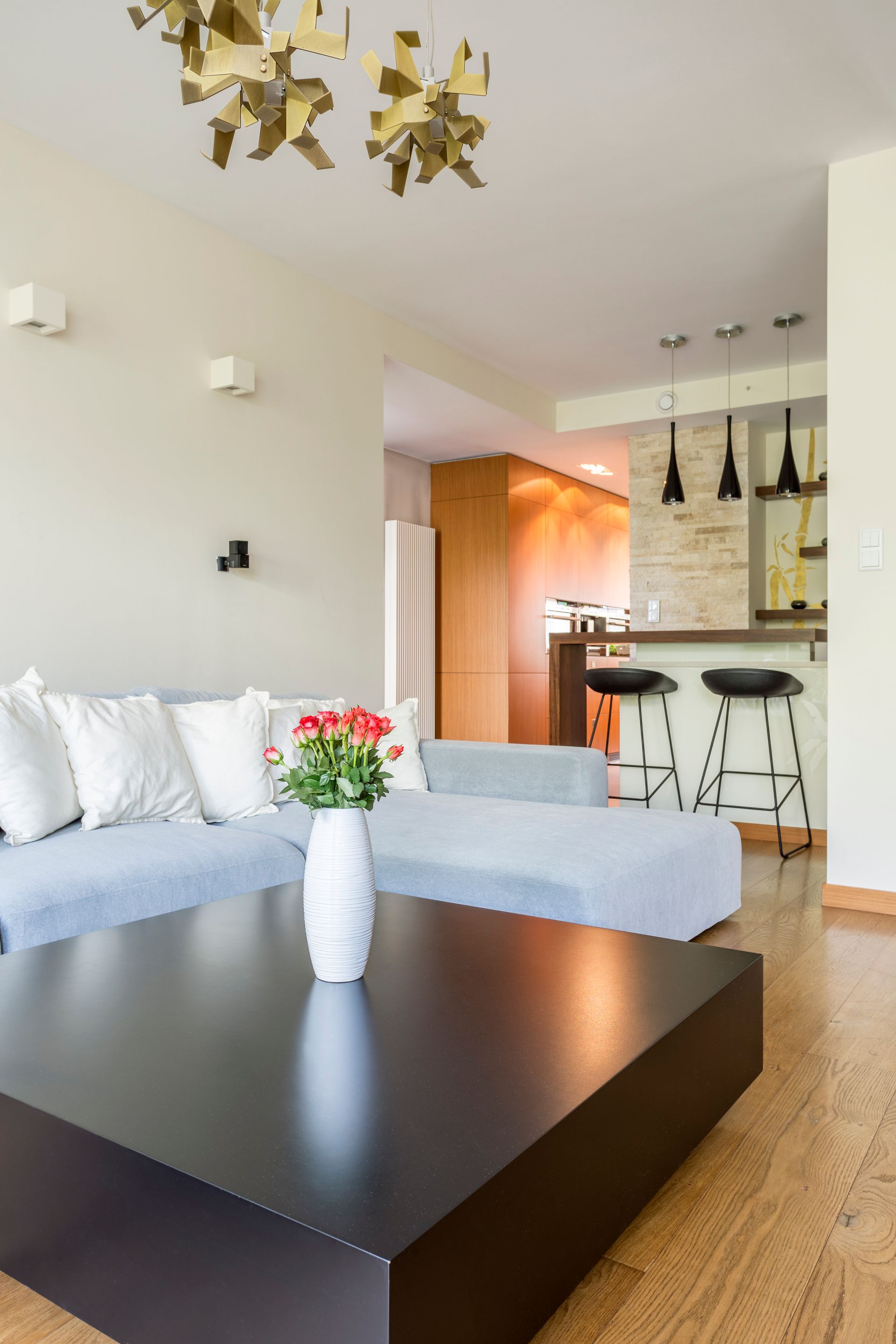 Living room with gray sofa, black coffee table, and open kitchen with bar stools.