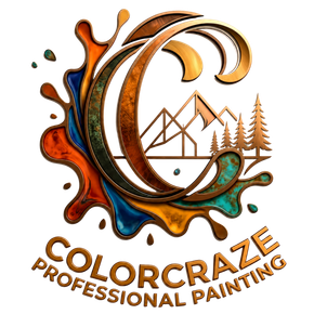 Colorcraze Professional Painting logo with a colorful paint splash, mountain and pine tree design