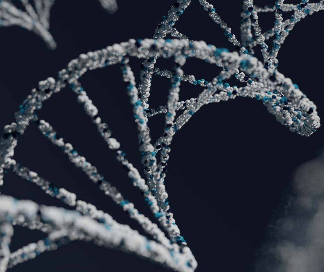 A close up of a dna structure on a dark background.