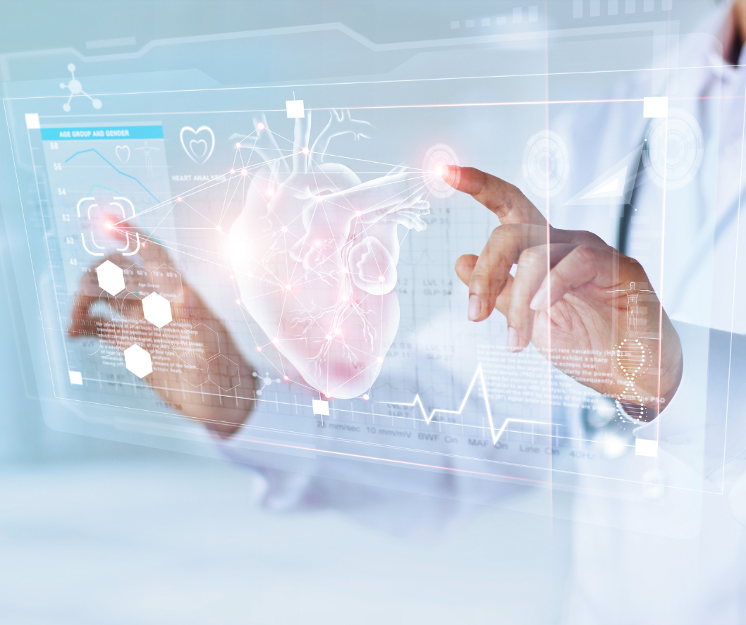A doctor is pointing at a heart on a screen.
