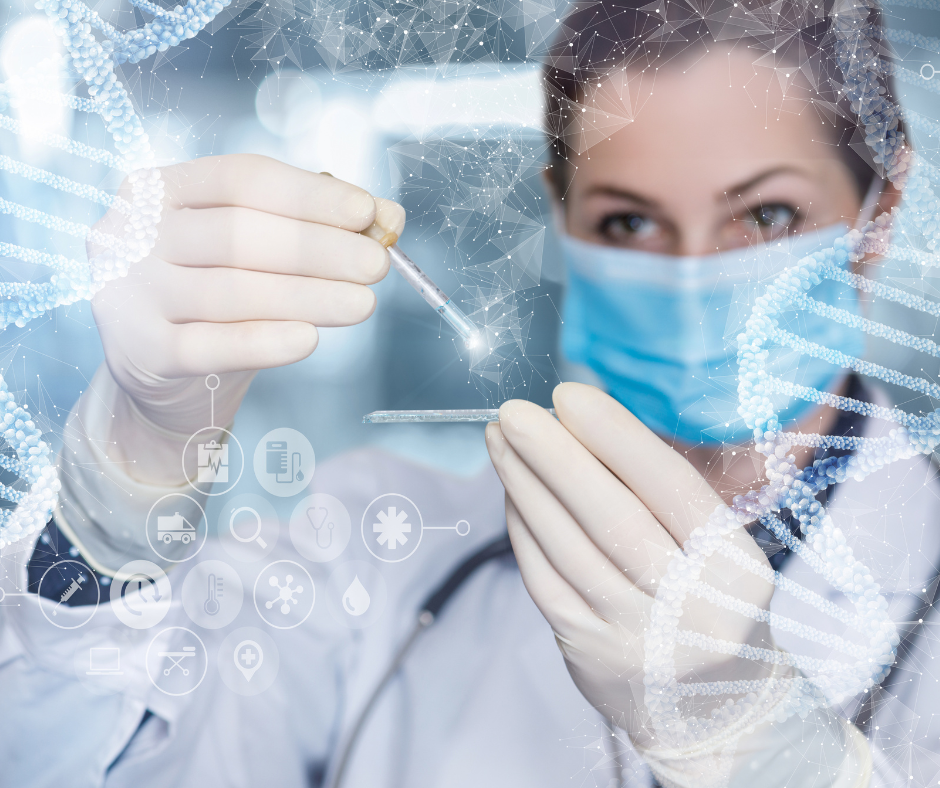 A female doctor wearing a mask and gloves is holding a pipette.