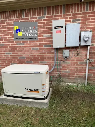 Outdoor Generac generator beside electrical panels on a brick building