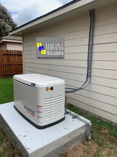 Outdoor generator beside house with electrical service panel and conduit on exterior wall