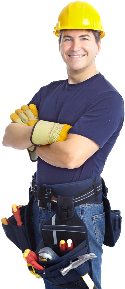 Smiling construction worker in a yellow hard hat with tool belt, arms crossed, on white background