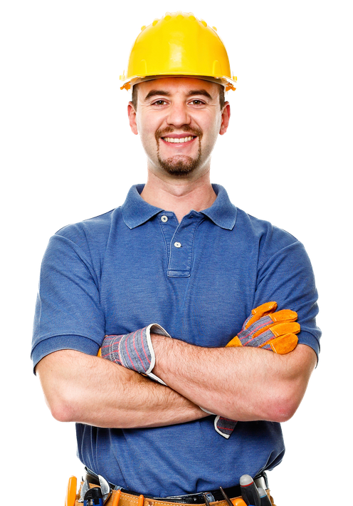 Smiling construction worker in a yellow hard hat and blue shirt with crossed arms and gloves on a white background