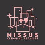 Pink logo for Missus Cleaning Services with house, broom, sparkle icons on dark background