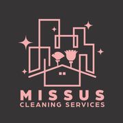 Pink logo for Missus Cleaning Services with house, broom, sparkle icons on dark background