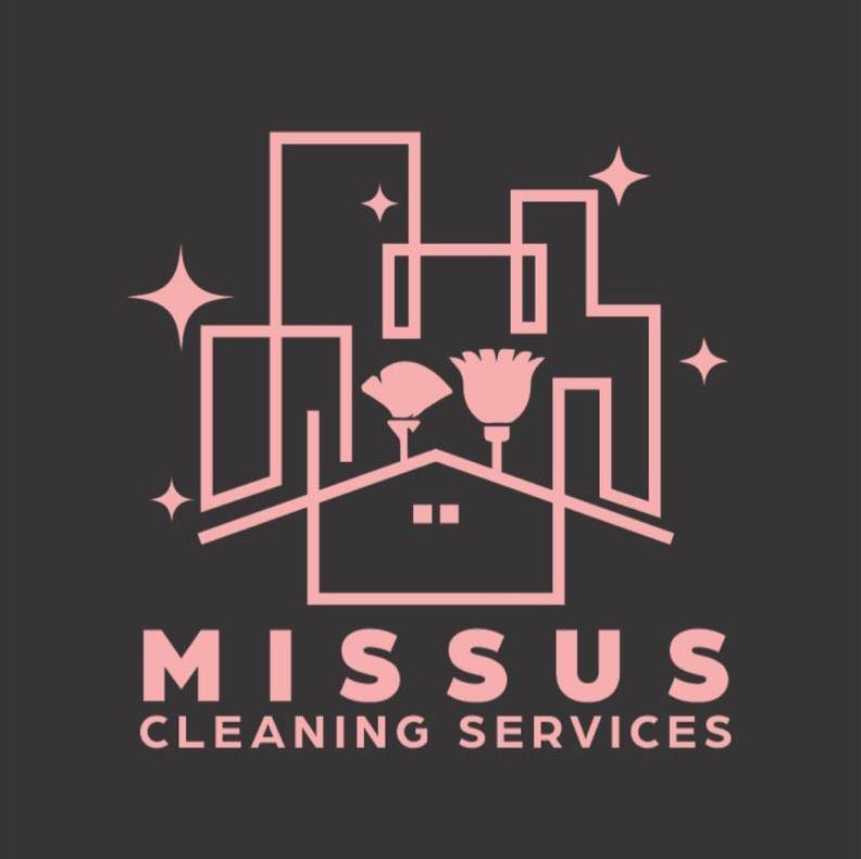 Pink logo for Missus Cleaning Services with house, broom, sparkle icons on dark background