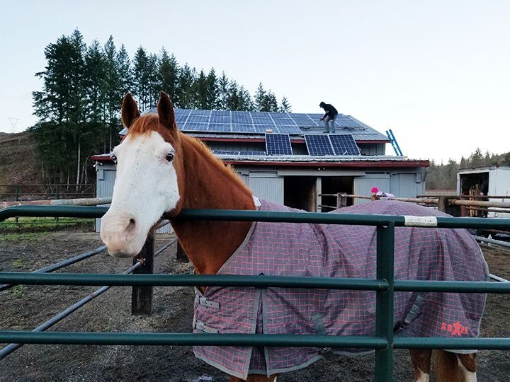 Solar panels being installed on a barn in Washington State.