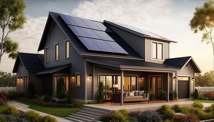 Modern home with solar panels on the roof