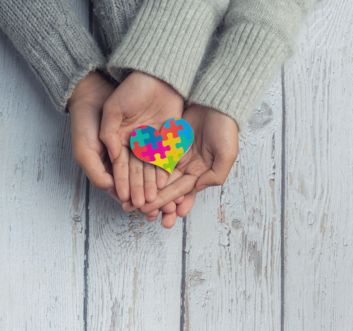 Hands holding a colorful puzzle-piece heart on a white wooden background — PoDDSS in Hyde Park, QLD