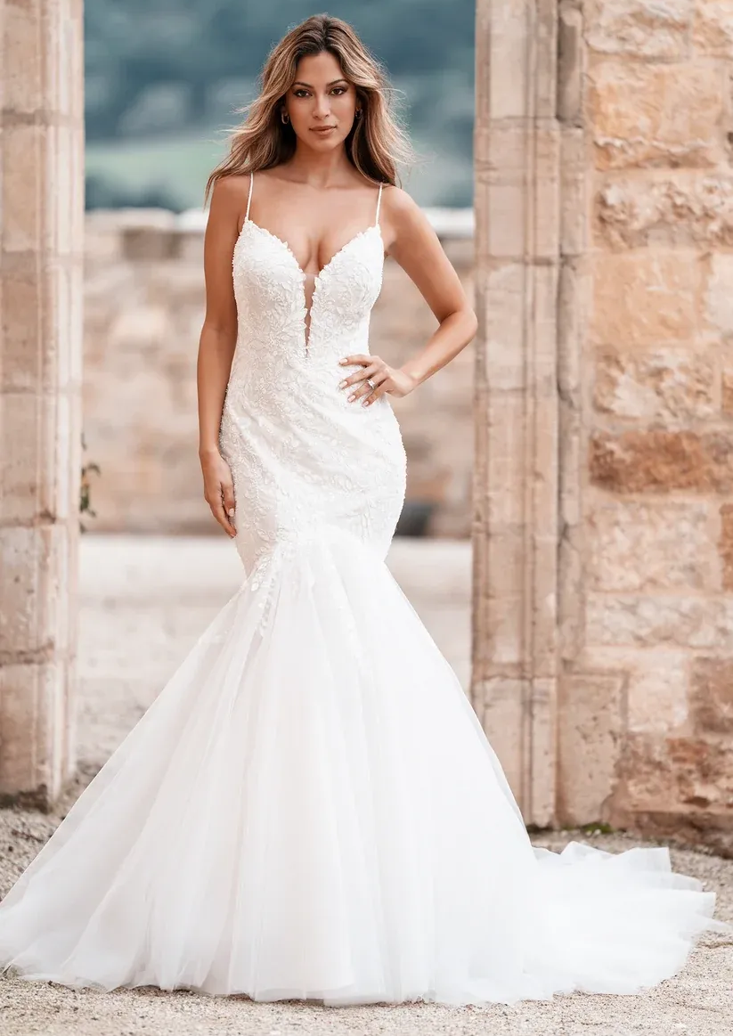 A person wearing a minimalist, off-the-shoulder white mermaid wedding dress with a deep V-neckline, standing outdoors.