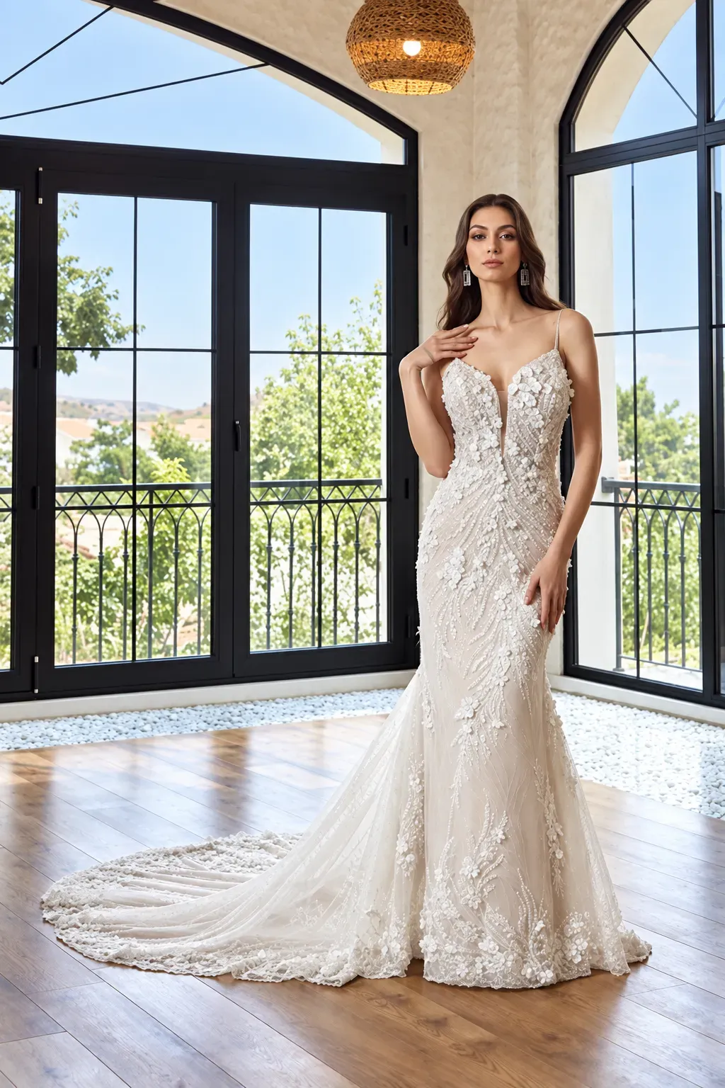 A model in a floor-length, embellished white bridal gown with a sweetheart neckline and a high front slit.