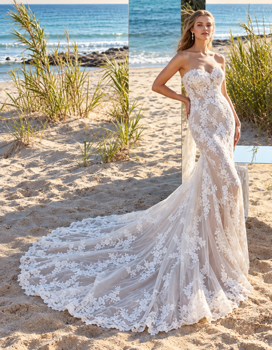 A person poses in a form-fitting, beaded white wedding dress with a deep V-neckline against a sunset city skyline.