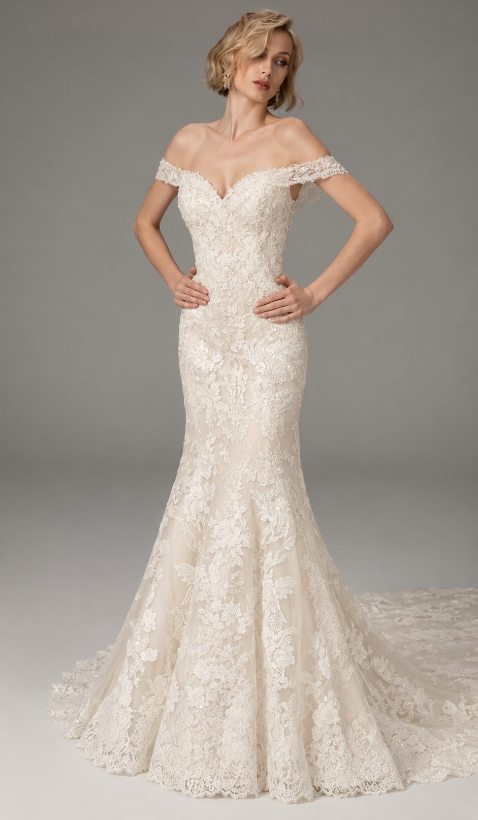 A blonde person wearing an off-the-shoulder, floor-length, white lace mermaid wedding dress against a plain gray background.