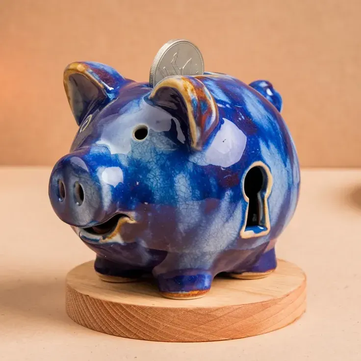 A blue piggy bank with a coin in it