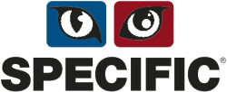 Logo of SPECIFIC brand: two squares, blue and red, with stylized animal eyes above bold black text.