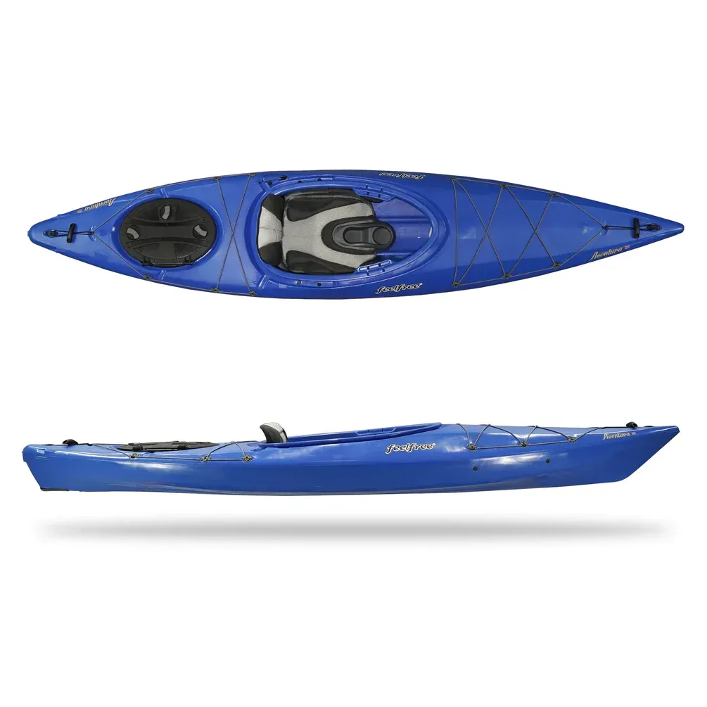 Blue kayak, top and side views, on white background.