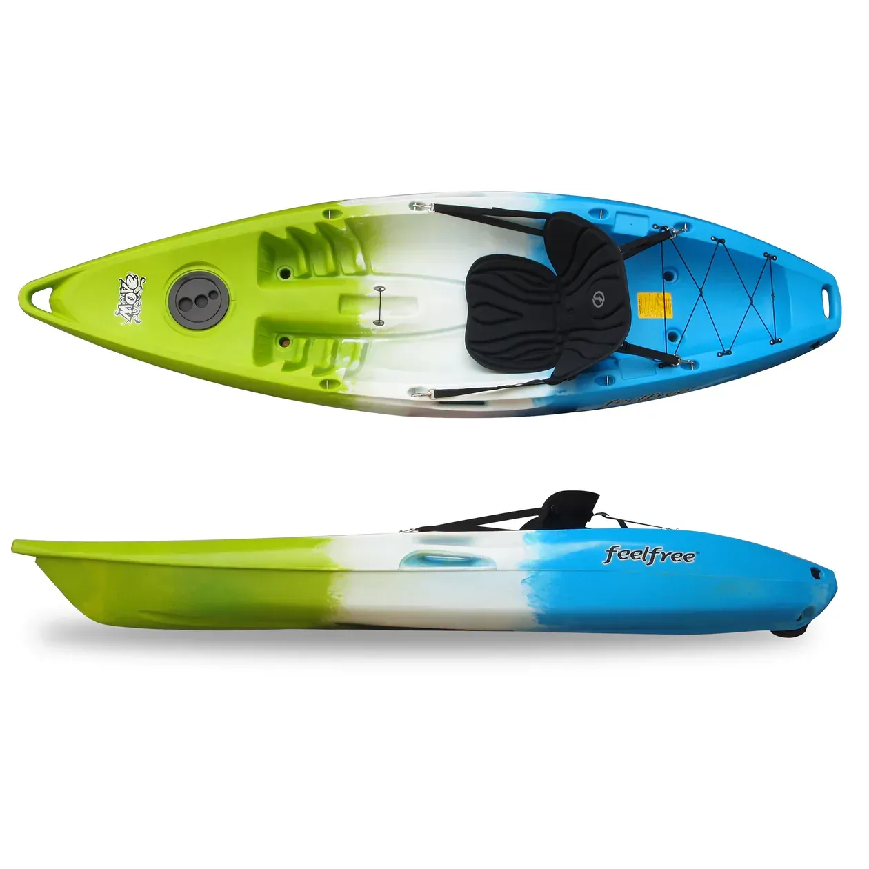 Top and side view of a colorful, single-person kayak. Green, white, and blue color scheme.