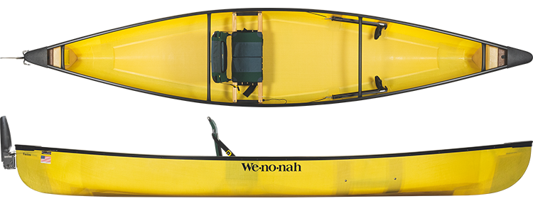 A yellow kayak is shown from three different angles on a white background.