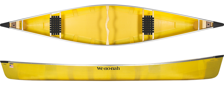 A yellow canoe is shown from two different angles on a white background.