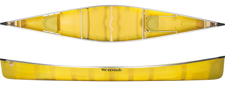 A yellow canoe is shown from different angles on a white background.