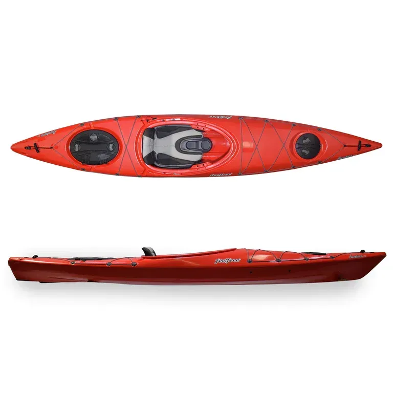 Red kayak, overhead and side views. Shows cockpit, storage hatches, and hull shape.