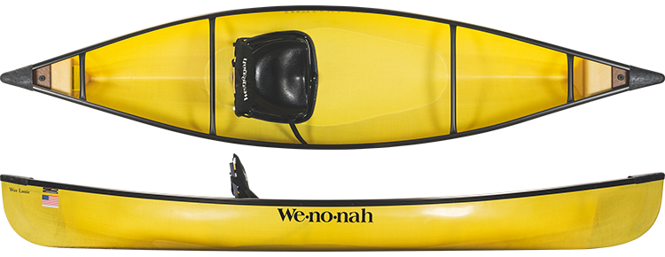 A yellow canoe with a black seat on a white background.