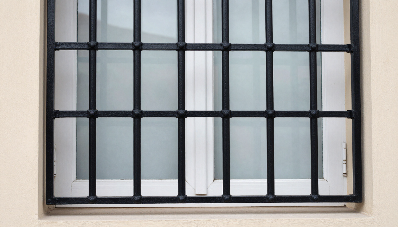 Rejas de seguridad de metal negro sobre una ventana con paneles de vidrio esmerilado
