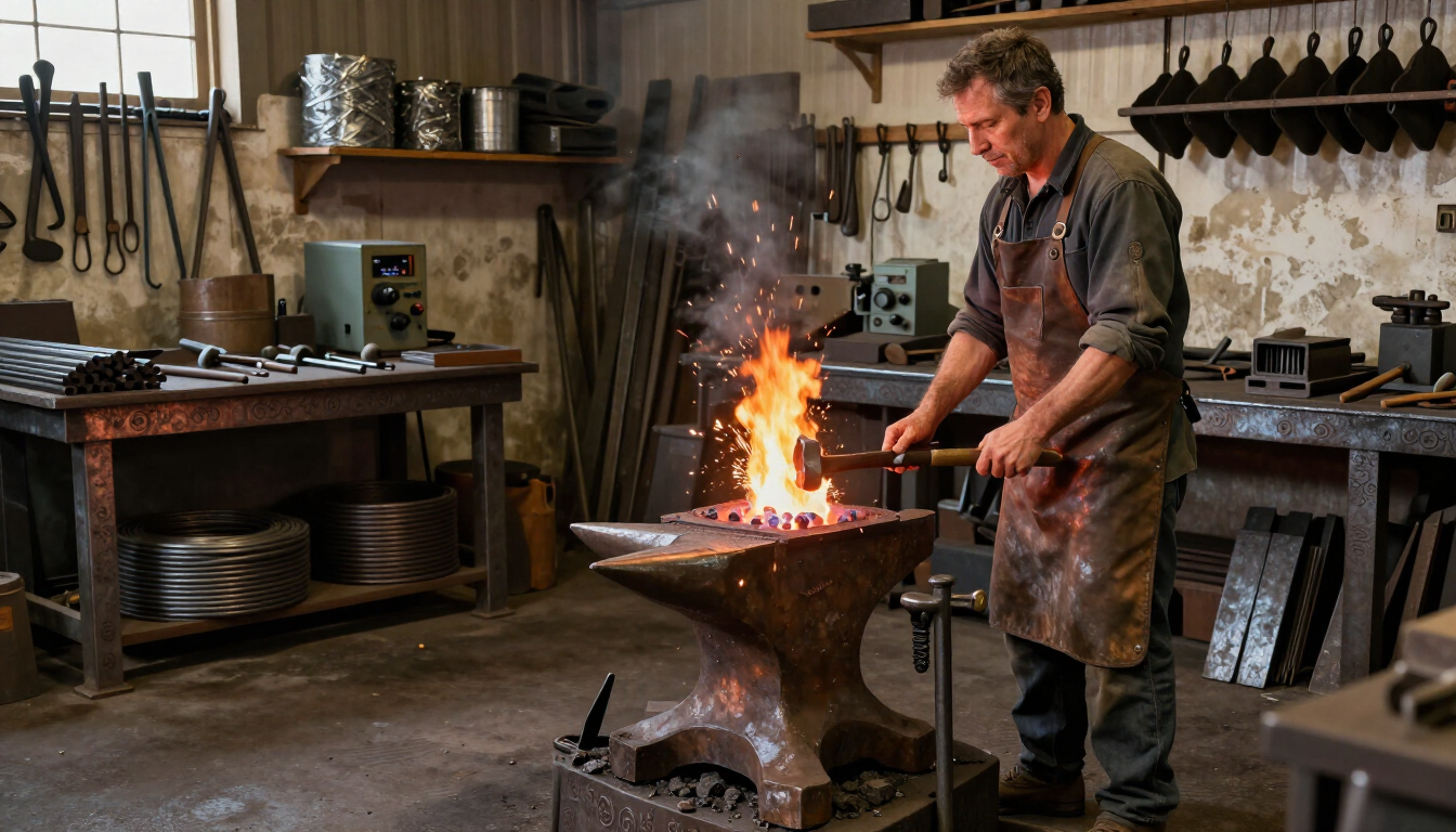 Un herrero forjando metal sobre un yunque en un taller rústico, con chispas saltando del fuego