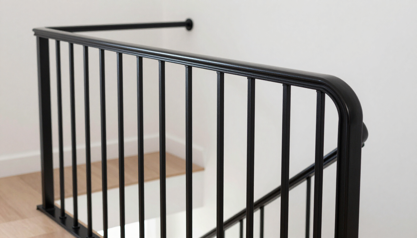 Barandilla de hierro negro junto a una escalera blanca y un rellano de madera en el interior