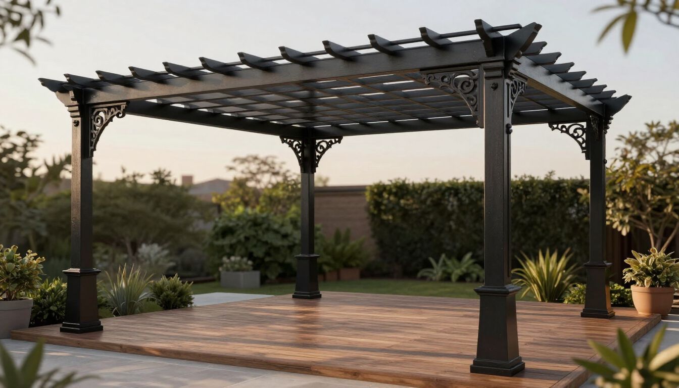 Pérgola negra al aire libre sobre un patio pavimentado en un jardín trasero ajardinado, rodeada de arbustos y plantas desérticas