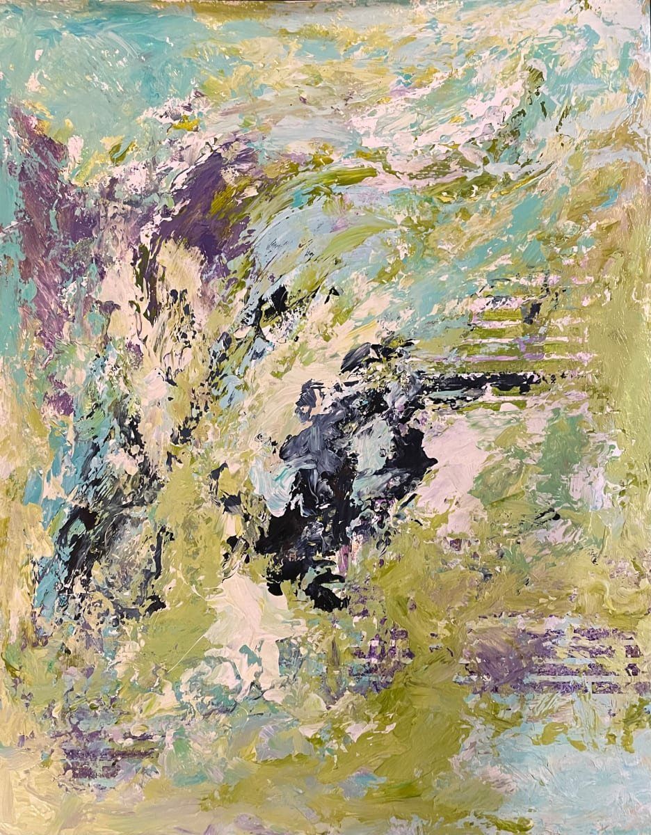 Abstract painting in shades of green, blue, purple, and white, with textured brushstrokes.