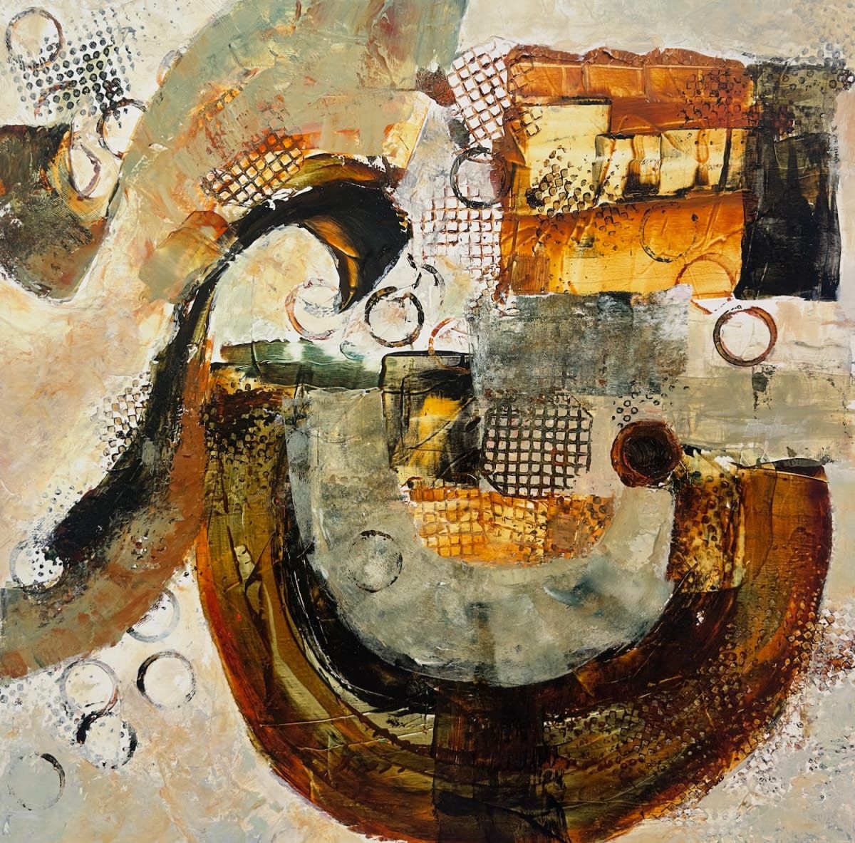 Abstract painting with layered textures and earthy tones, including browns, tans, and grays.