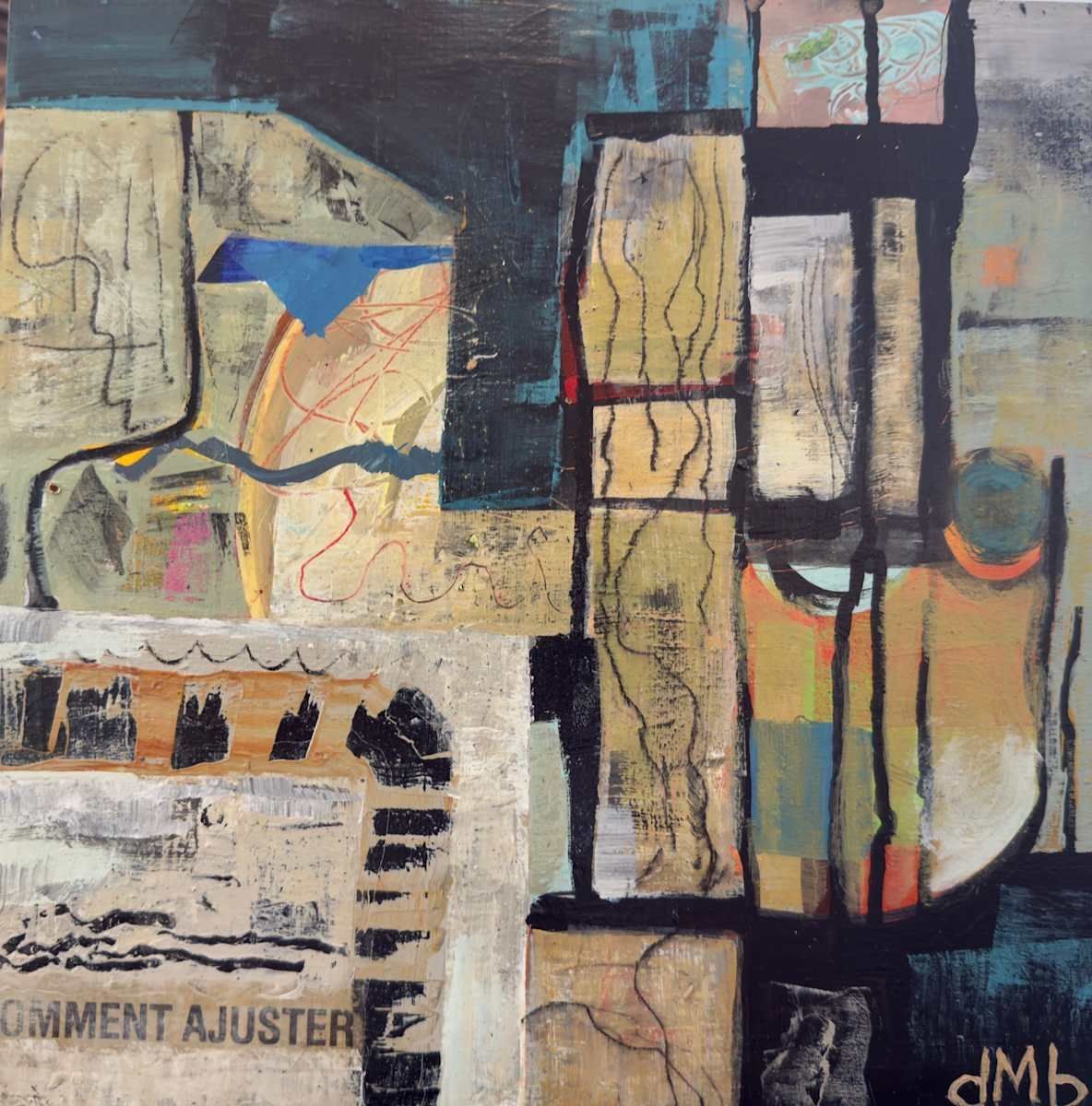 Abstract painting with geometric shapes, muted colors, and text fragments.