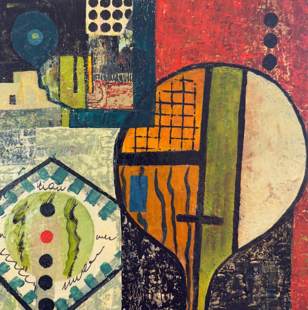 Abstract painting with geometric shapes, warm colors, and textured surfaces.