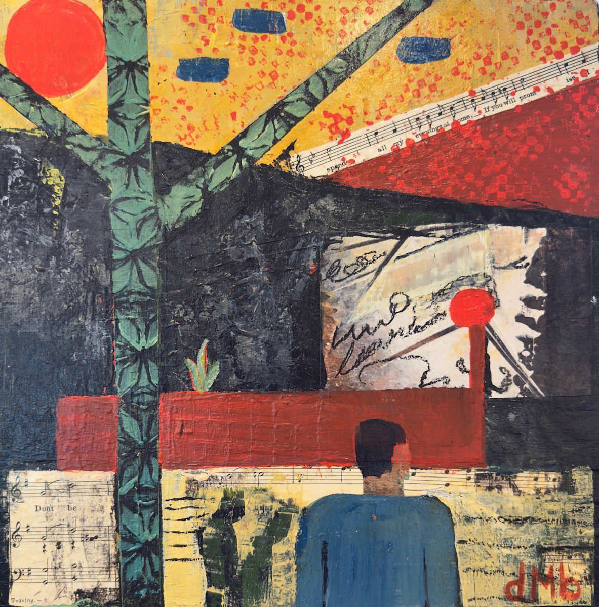 Abstract painting of a figure in blue facing a red, architectural wall, with tree and sun in the background.