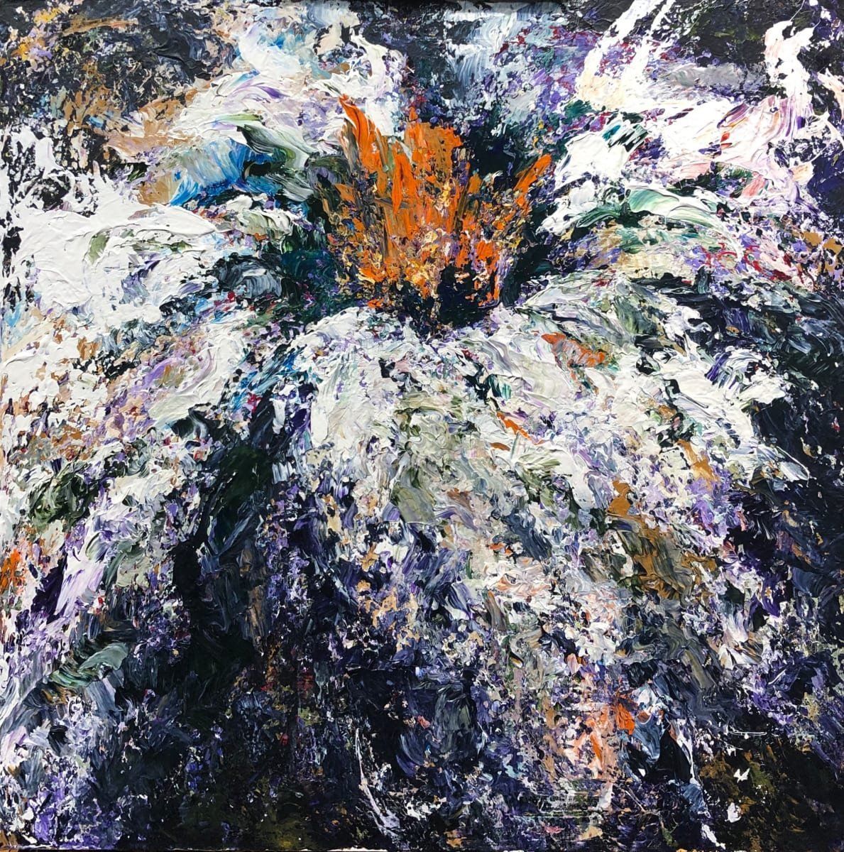 Abstract painting of a white flower with orange center on dark background; textured paint strokes.