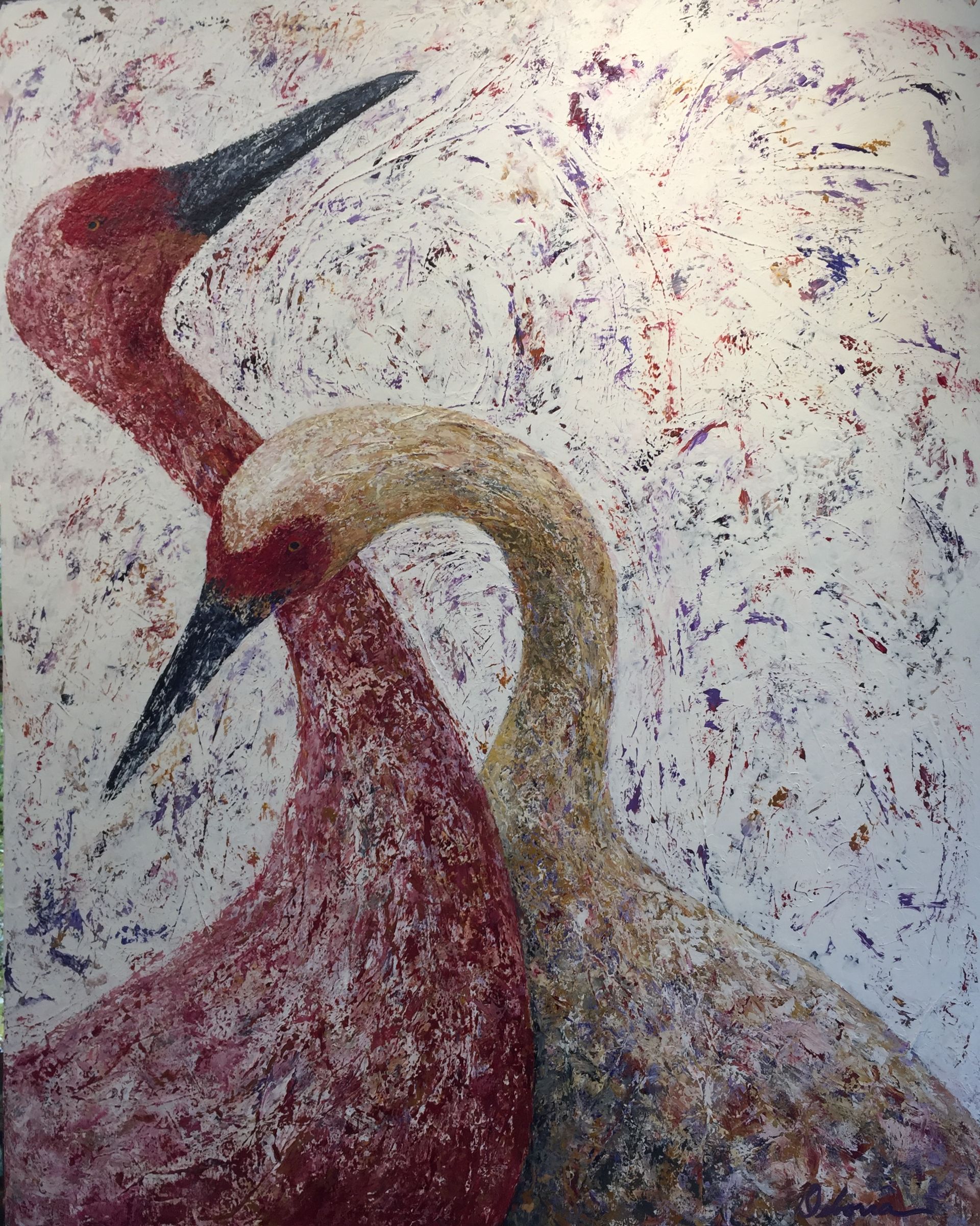 Three sandhill cranes, red and beige, with curved necks; speckled white and purple background.
