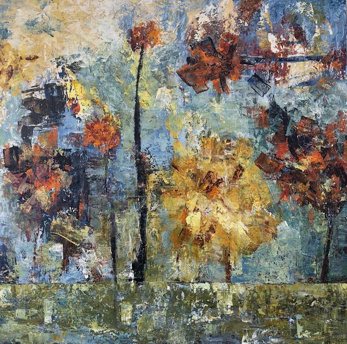 Abstract painting of trees with orange and yellow foliage against a blue and beige background.