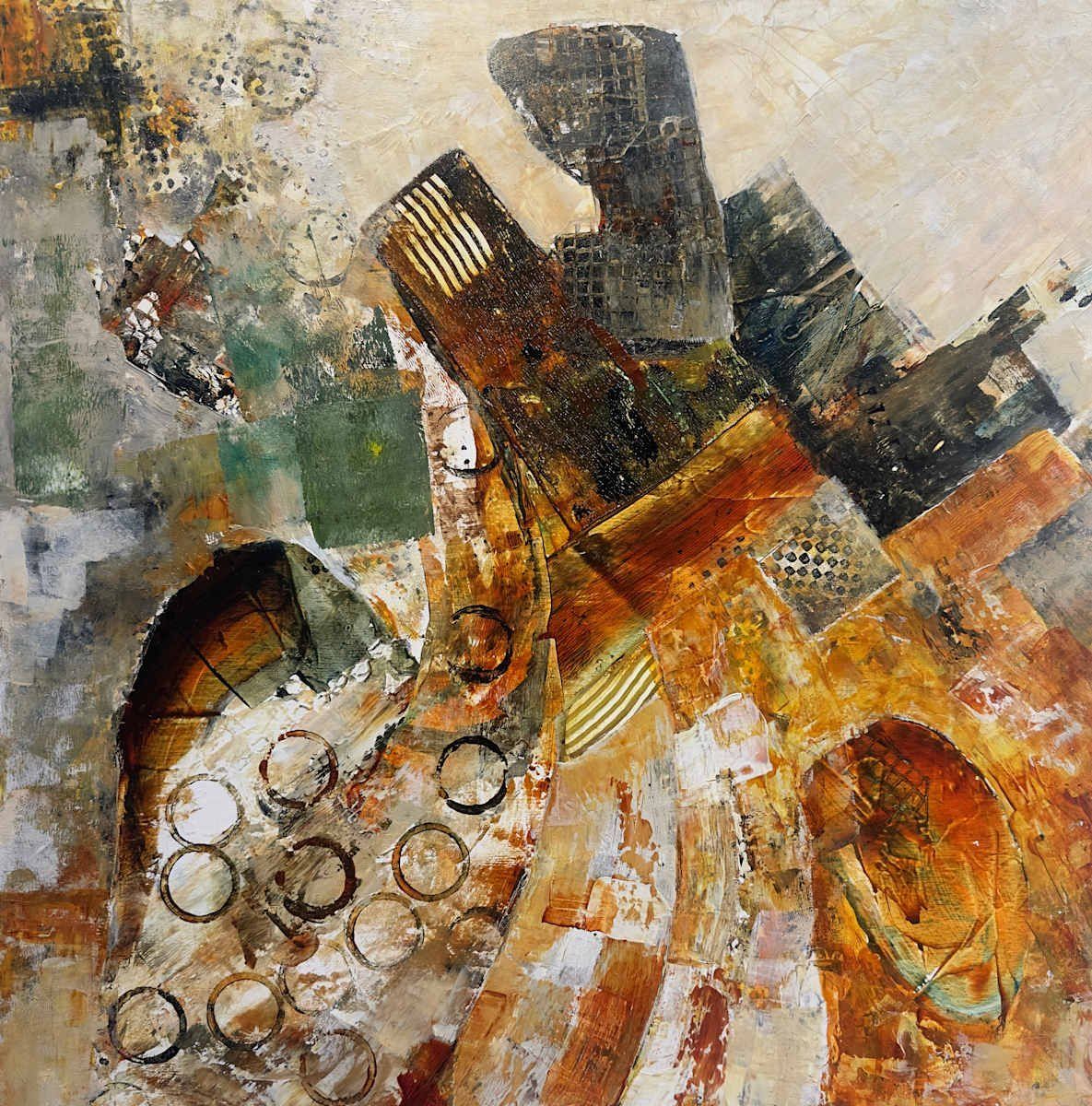 Abstract painting in earth tones; layered textures, circular patterns, and geometric shapes.