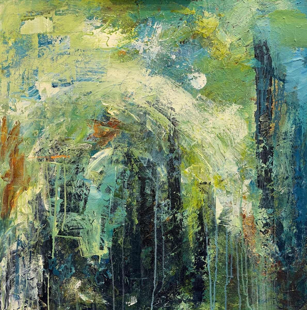 Abstract painting with green, blue, and yellow washes. Dark vertical shapes suggest trees, light arc in the background.