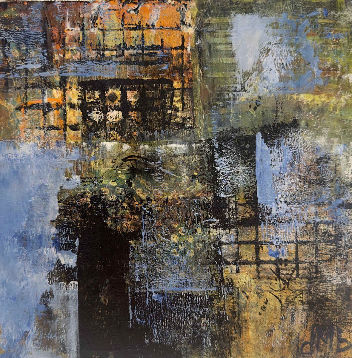 Abstract painting with layered squares and rectangles in muted earth tones, and a hint of blue.