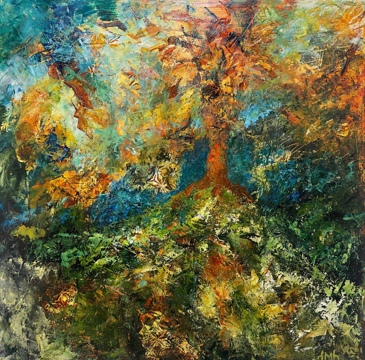 Abstract painting of a tree with vibrant orange, yellow, and green foliage against blue and dark green tones.