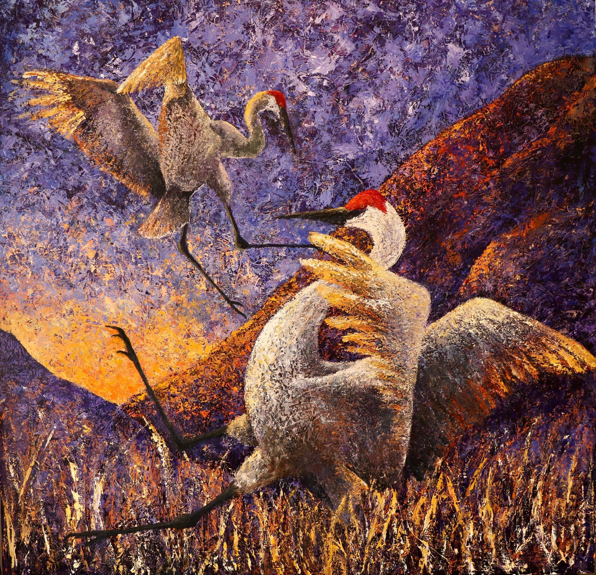 Two sandhill cranes in a vibrant painting. One has wings up, another is crouched. Purple and brown background.